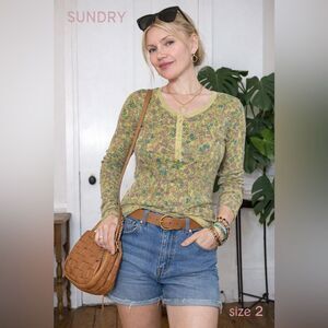 Sundry Floral Thermal Henley Top – Size 2 – Sheer Ribbed Long Sleeve